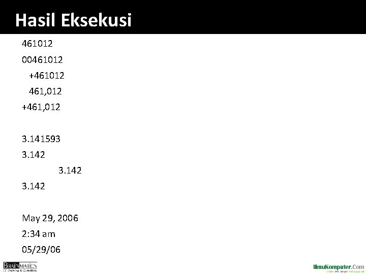 Hasil Eksekusi 461012 00461012 +461012 461, 012 +461, 012 3. 141593 3. 142 May