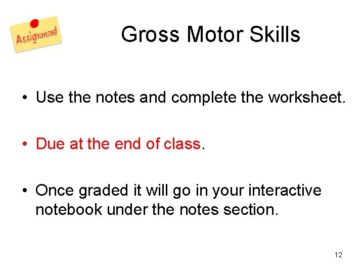 Gross Motor Skills • Use the notes and complete the worksheet. • Due at