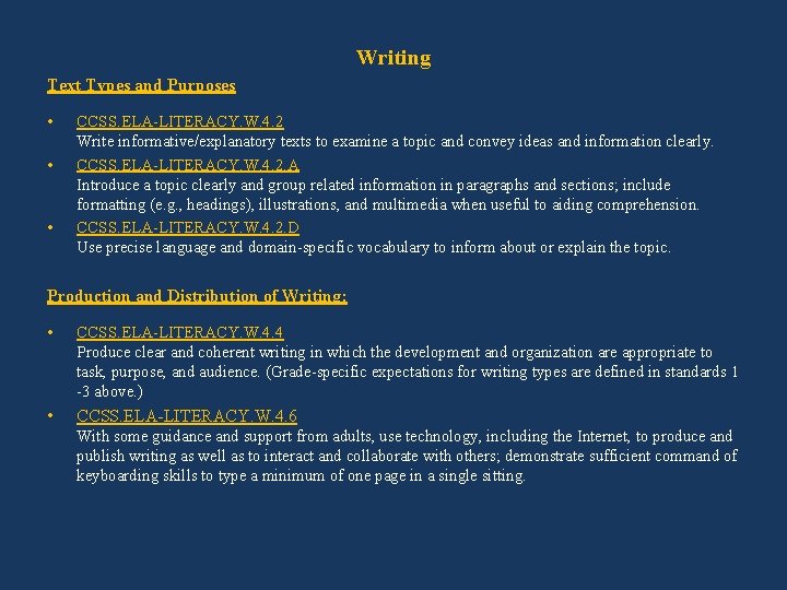 Writing Text Types and Purposes • • • CCSS. ELA-LITERACY. W. 4. 2 Write