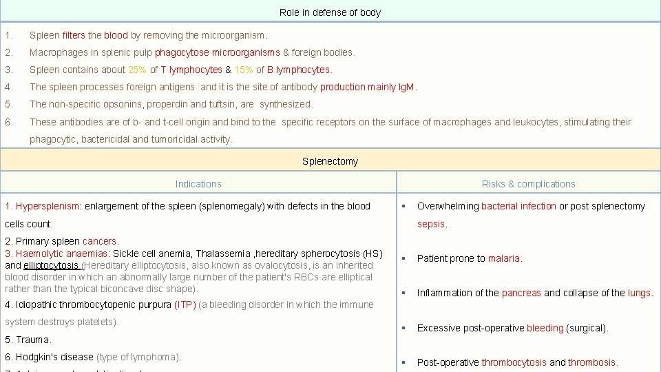 Role in defense of body 1. Spleen filters the blood by removing the microorganism.