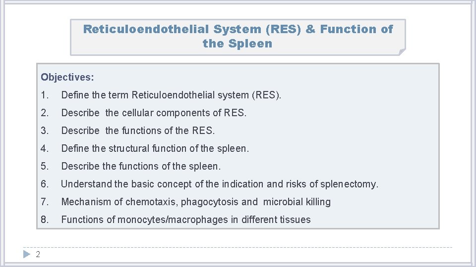 Reticuloendothelial System (RES) & Function of the Spleen Objectives: 2 1. Define the term