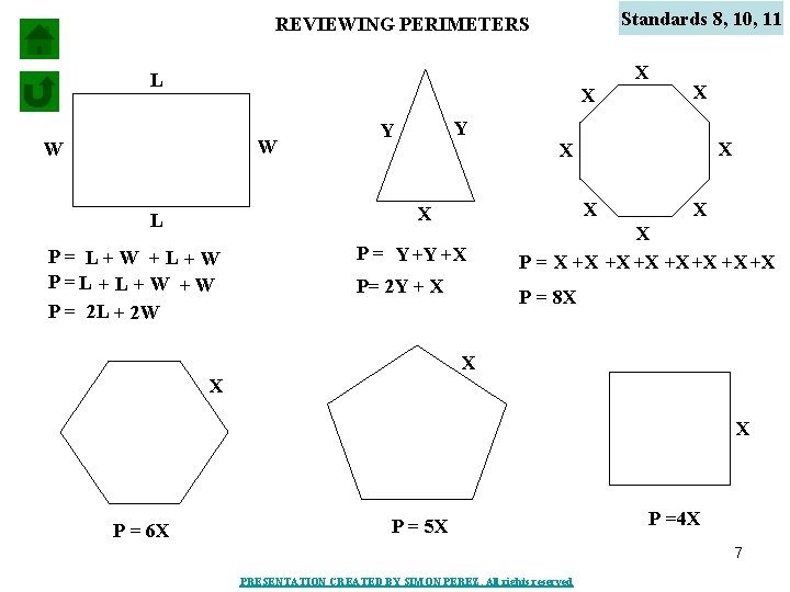 Standards 8, 10, 11 REVIEWING PERIMETERS X L X W W Y Y P=