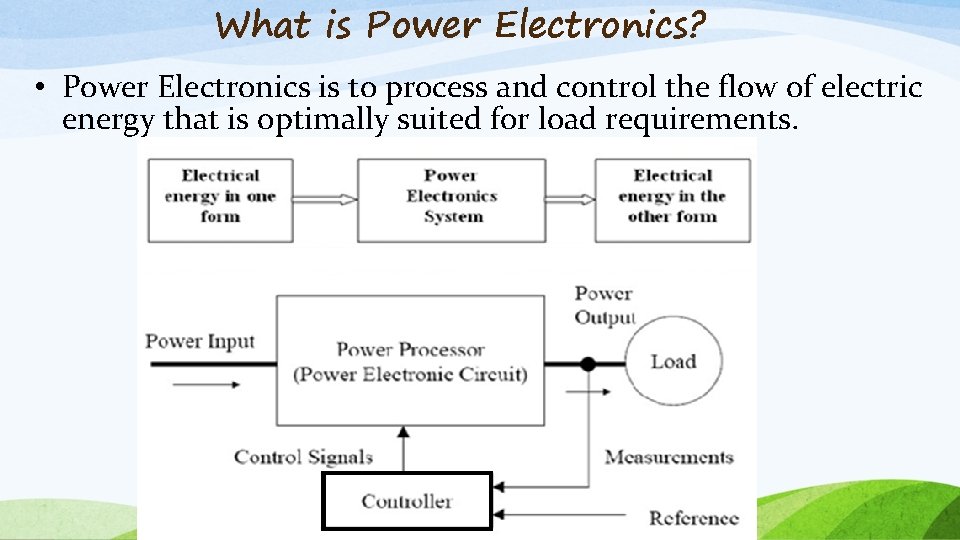 What is Power Electronics? • Power Electronics is to process and control the flow