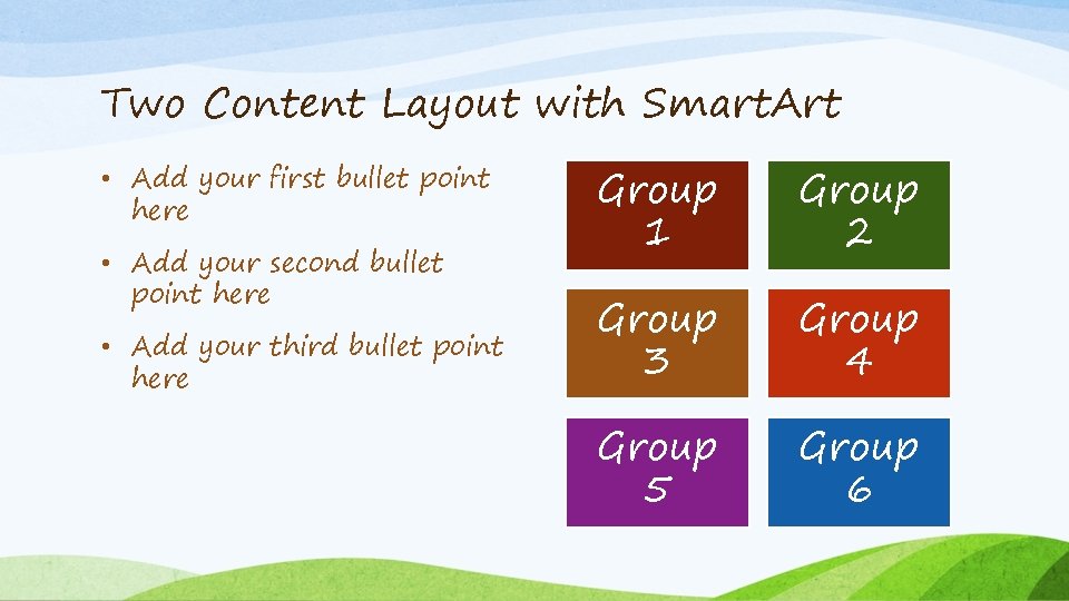 Two Content Layout with Smart. Art • Add your first bullet point here •