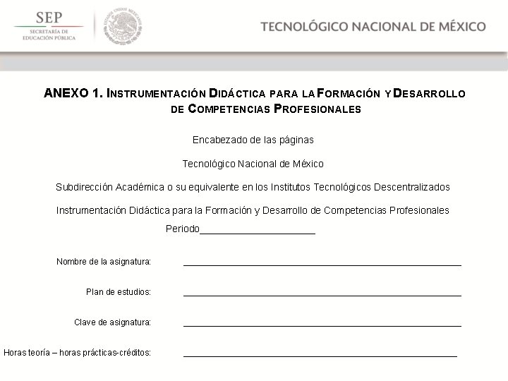 ANEXO 1. INSTRUMENTACIÓN DIDÁCTICA PARA LA FORMACIÓN Y DESARROLLO DE COMPETENCIAS PROFESIONALES Encabezado de