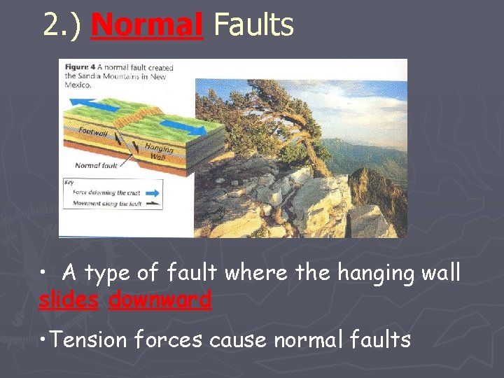 2. ) Normal Faults • A type of fault where the hanging wall slides
