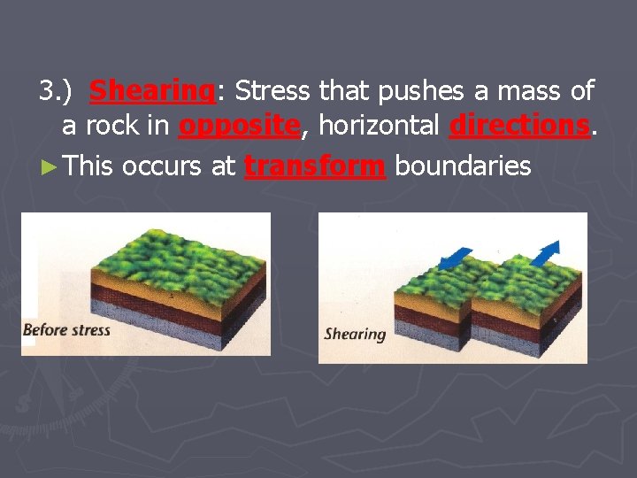 3. ) Shearing: Stress that pushes a mass of a rock in opposite, horizontal