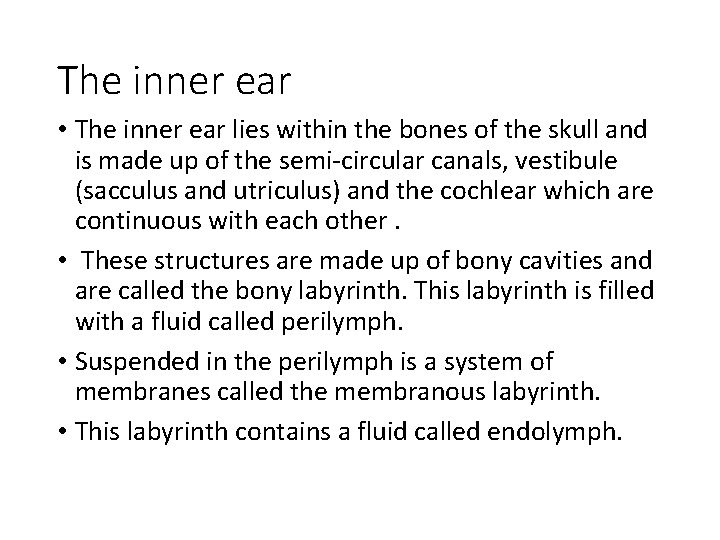 The inner ear • The inner ear lies within the bones of the skull