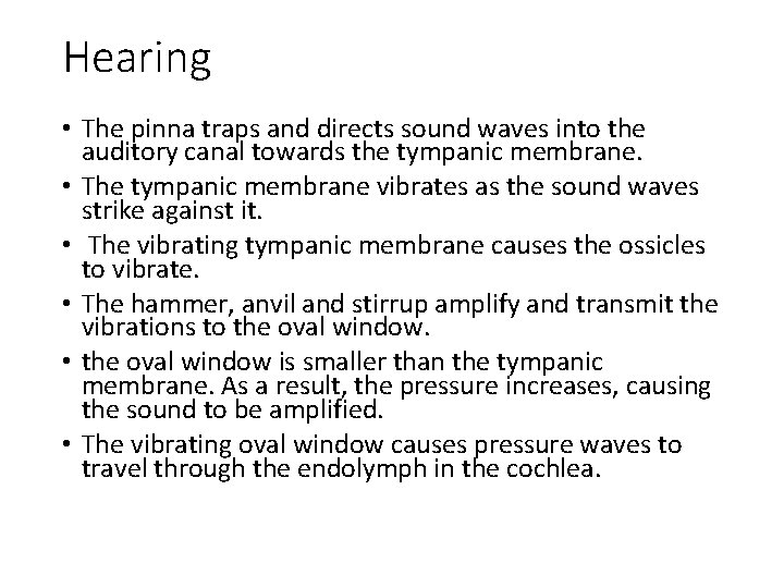 Hearing • The pinna traps and directs sound waves into the auditory canal towards