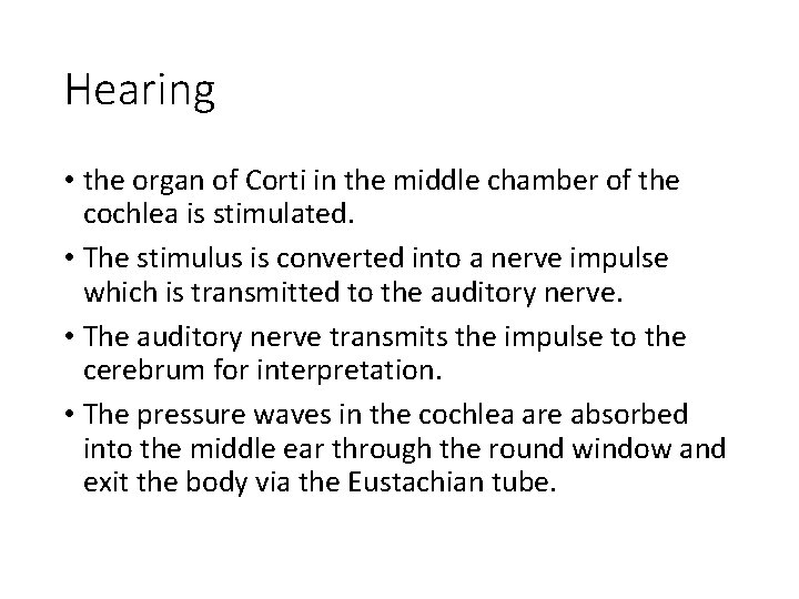 Hearing • the organ of Corti in the middle chamber of the cochlea is