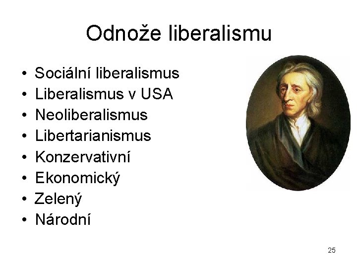 Odnože liberalismu • • Sociální liberalismus Liberalismus v USA Neoliberalismus Libertarianismus Konzervativní Ekonomický Zelený
