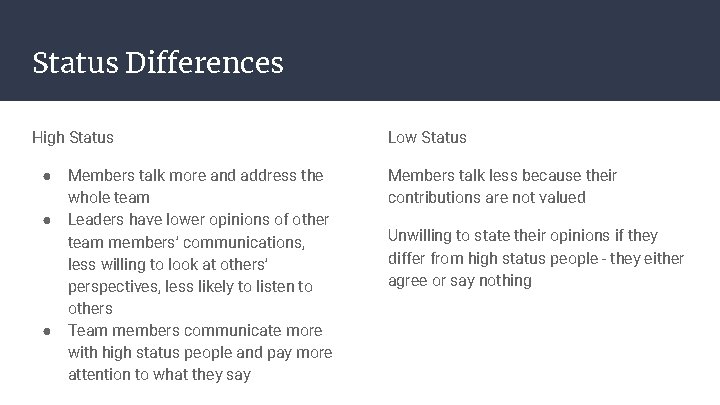 Status Differences High Status ● ● ● Members talk more and address the whole