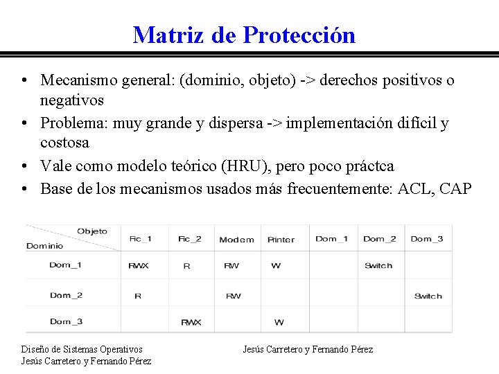 Matriz de Protección • Mecanismo general: (dominio, objeto) -> derechos positivos o negativos •