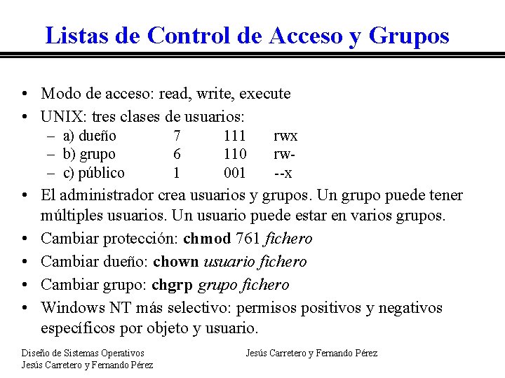 Listas de Control de Acceso y Grupos • Modo de acceso: read, write, execute