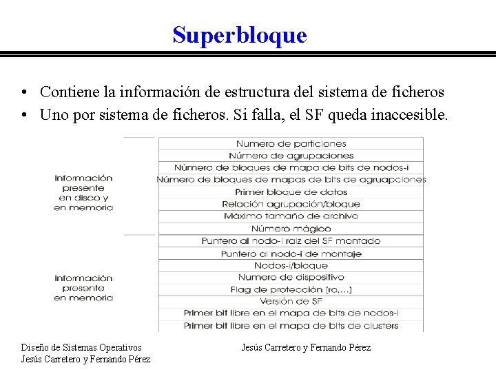 Superbloque • Contiene la información de estructura del sistema de ficheros • Uno por
