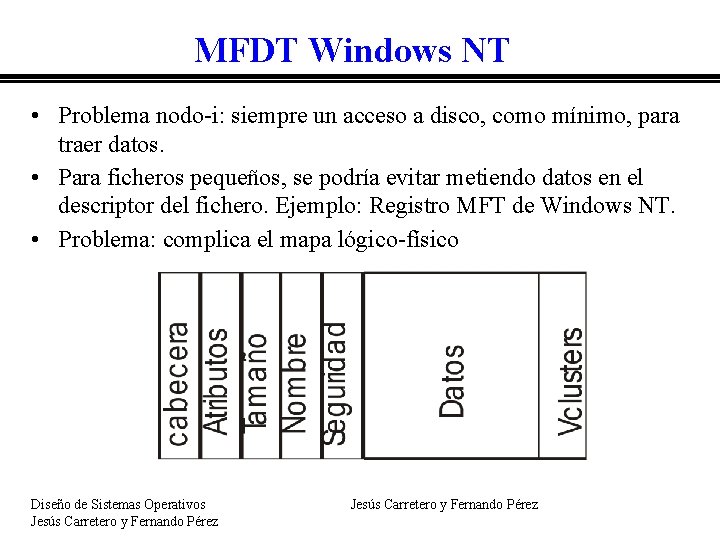 MFDT Windows NT • Problema nodo-i: siempre un acceso a disco, como mínimo, para