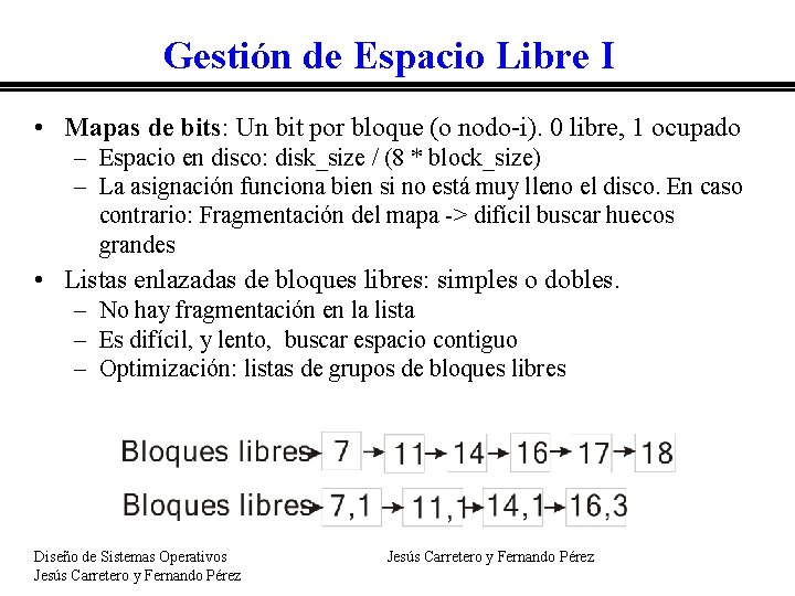 Gestión de Espacio Libre I • Mapas de bits: Un bit por bloque (o