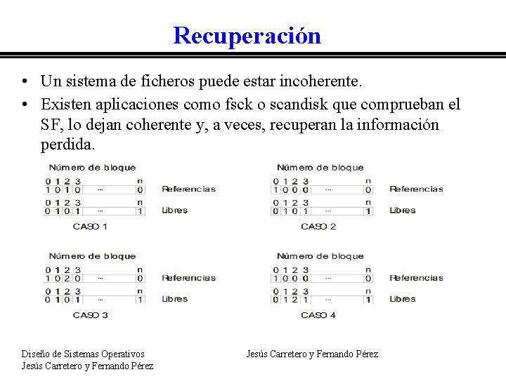 Recuperación • Un sistema de ficheros puede estar incoherente. • Existen aplicaciones como fsck