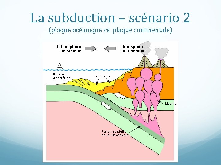 La subduction – scénario 2 (plaque océanique vs. plaque continentale) 