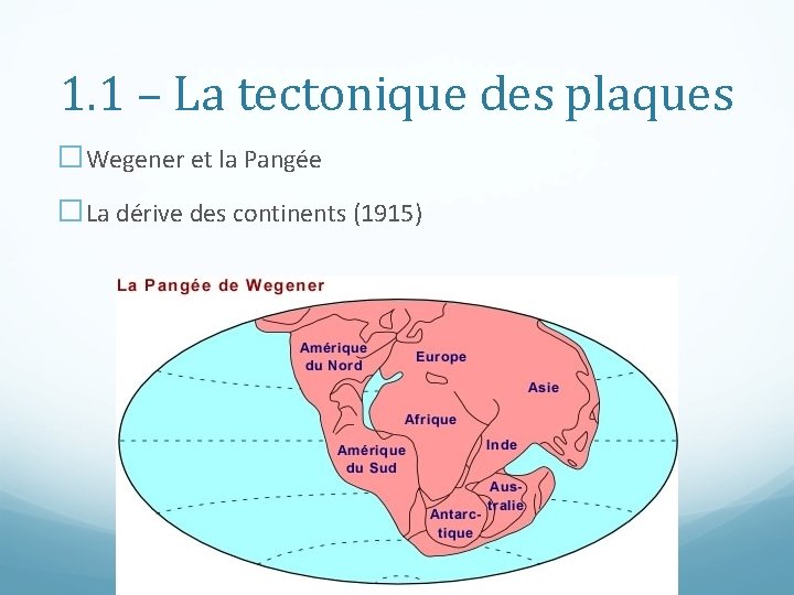 1. 1 – La tectonique des plaques �Wegener et la Pangée �La dérive des