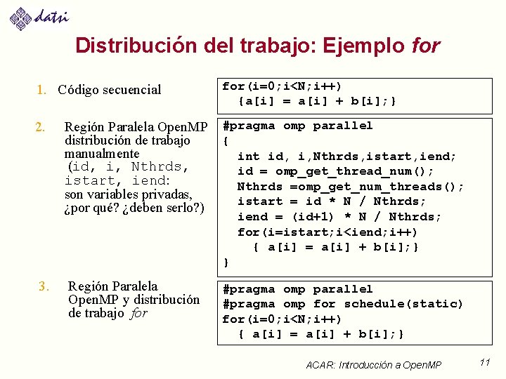 Distribución del trabajo: Ejemplo for 1. Código secuencial for(i=0; i<N; i++) {a[i] = a[i]