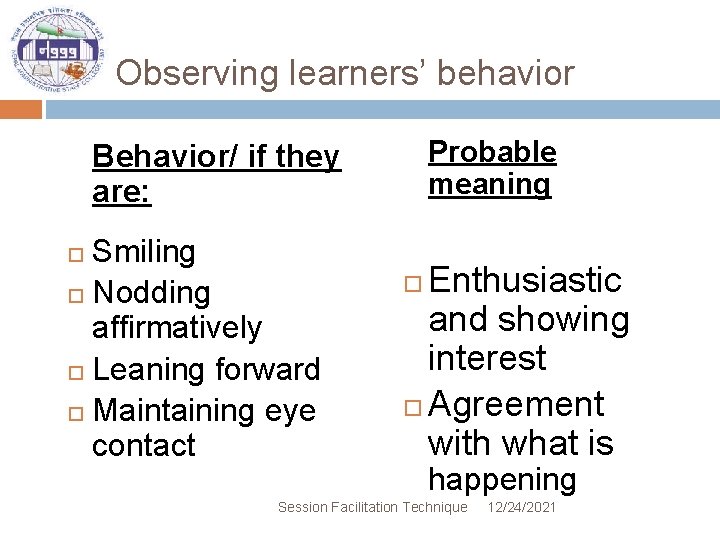 Observing learners’ behavior Probable meaning Behavior/ if they are: Smiling Nodding affirmatively Leaning forward