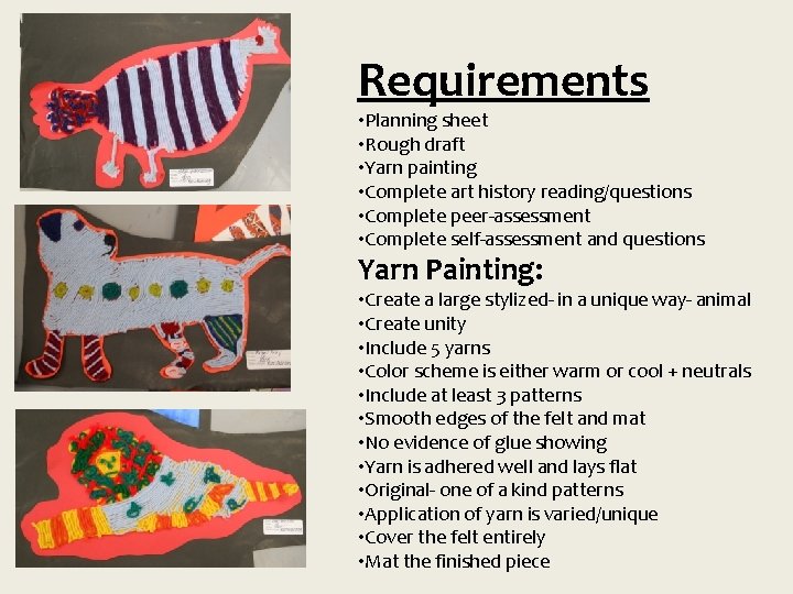 Requirements • Planning sheet • Rough draft • Yarn painting • Complete art history