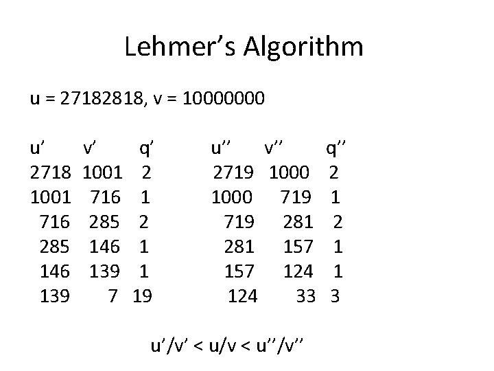 Lehmer’s Algorithm u = 27182818, v = 10000000 u’ 2718 1001 716 285 146