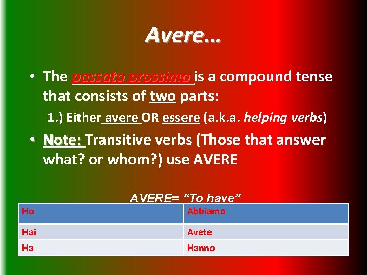 Avere… • The passato prossimo is a compound tense that consists of two parts: