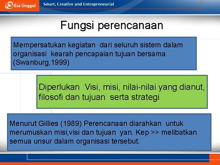 Fungsi perencanaan Mempersatukan kegiatan dari seluruh sistem dalam organisasi kearah pencapaian tujuan bersama (Swanburg,