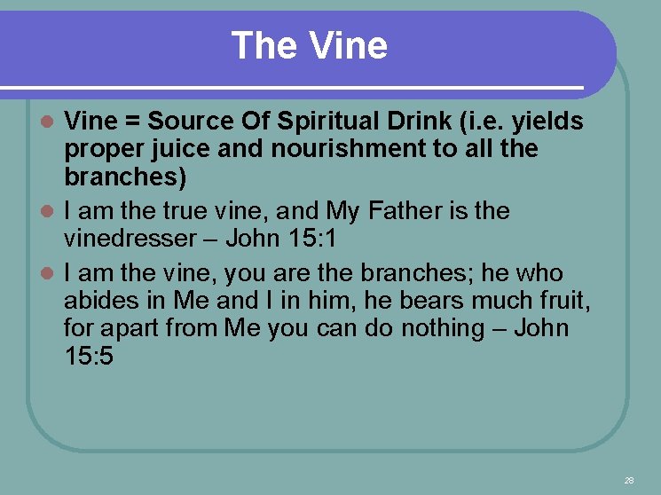 The Vine = Source Of Spiritual Drink (i. e. yields proper juice and nourishment