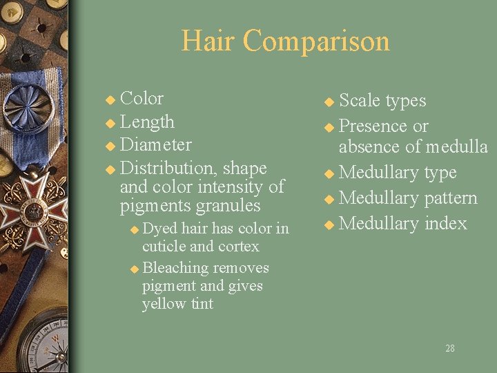 Hair Comparison Color u Length u Diameter u Distribution, shape and color intensity of