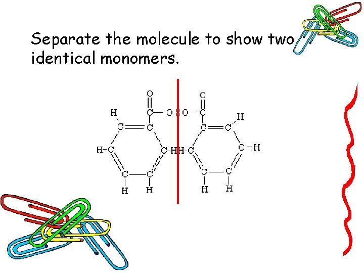 Separate the molecule to show two identical monomers. Separate the molecule to show two identical monomers.