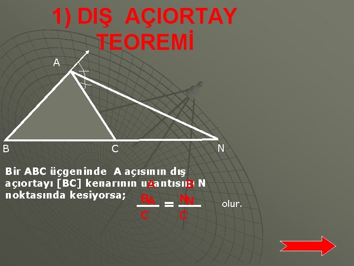 1) DIŞ AÇIORTAY TEOREMİ A B N C Bir ABC üçgeninde A açısının dış