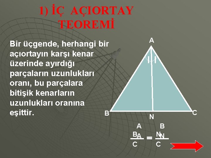 1) İÇ AÇIORTAY TEOREMİ A Bir üçgende, herhangi bir açıortayın karşı kenar üzerinde ayırdığı