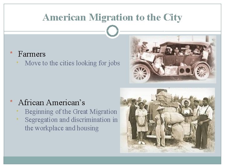 American Migration to the City * Farmers * Move to the cities looking for