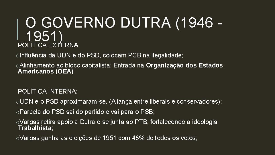 O GOVERNO DUTRA (1946 1951) POLÍTICA EXTERNA o. Influência da UDN e do PSD,