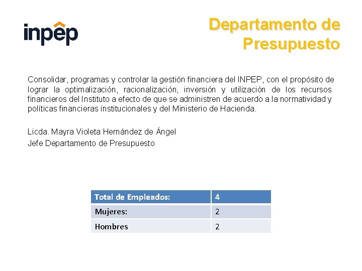 Departamento de Presupuesto Consolidar, programas y controlar la gestión financiera del INPEP, con el