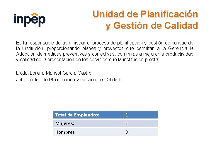 Unidad de Planificación y Gestión de Calidad Es la responsable de administrar el proceso