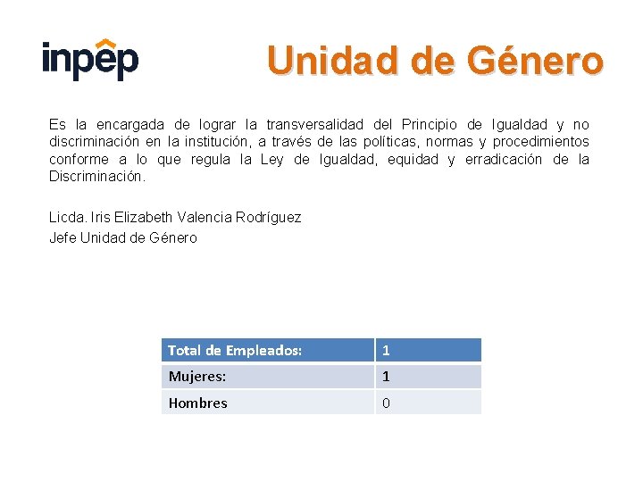 Unidad de Género Es la encargada de lograr la transversalidad del Principio de Igualdad