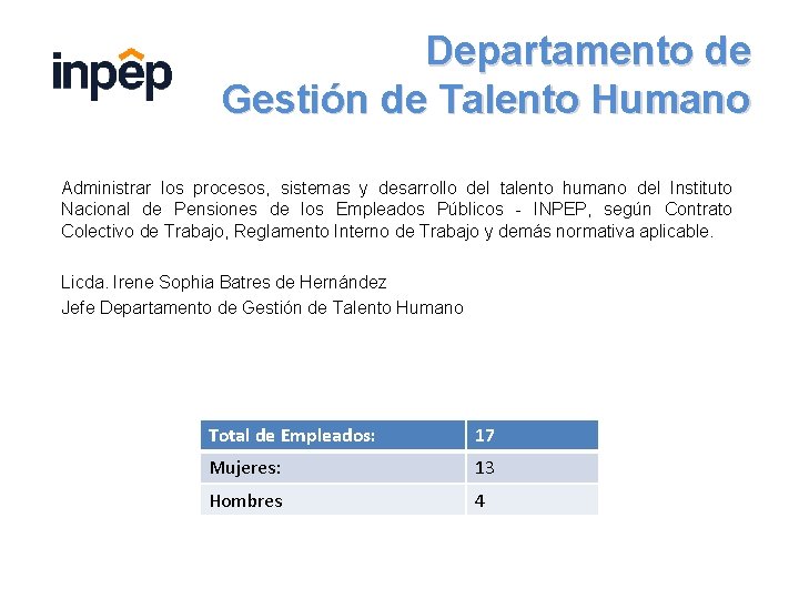 Departamento de Gestión de Talento Humano Administrar los procesos, sistemas y desarrollo del talento