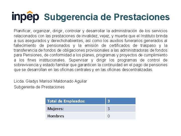 Subgerencia de Prestaciones Planificar, organizar, dirigir, controlar y desarrollar la administración de los servicios