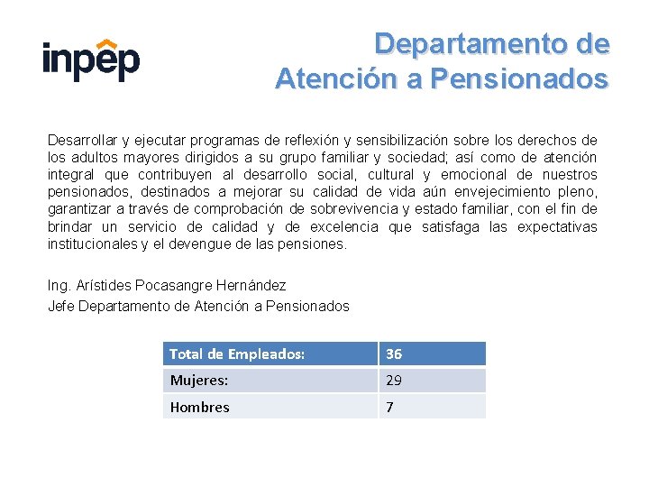 Departamento de Atención a Pensionados Desarrollar y ejecutar programas de reflexión y sensibilización sobre