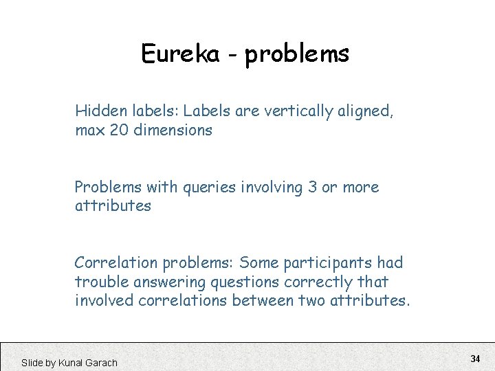 Eureka - problems Hidden labels: Labels are vertically aligned, max 20 dimensions Problems with