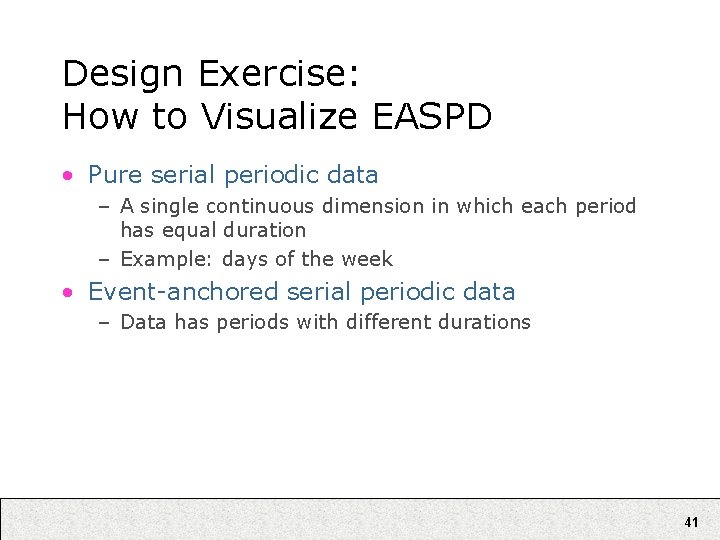 Design Exercise: How to Visualize EASPD • Pure serial periodic data – A single