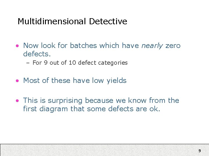 Multidimensional Detective • Now look for batches which have nearly zero defects. – For