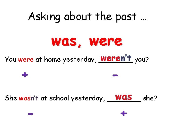 Asking about the past … was, weren’t you? You were at home yesterday, ____