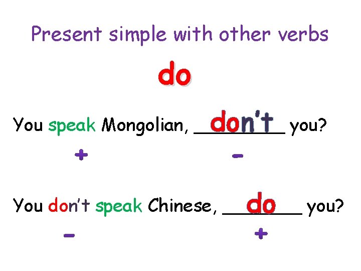 Present simple with other verbs do You speak Mongolian, ____ don’t you? You don’t
