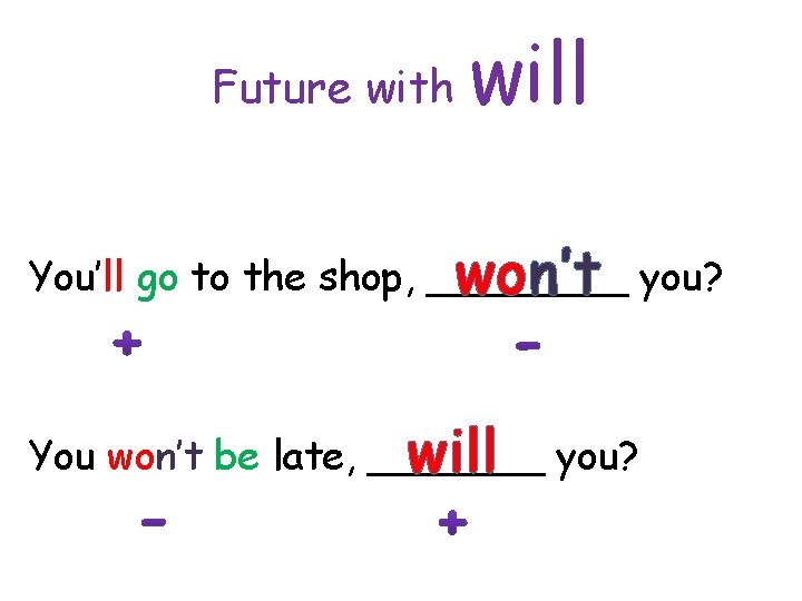 Future with will You’ll go to the shop, ____ won’t you? You won’t be