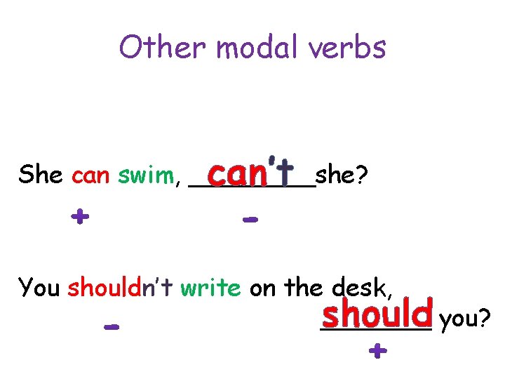 Other modal verbs She can swim, ____she? can’t You shouldn’t write on the desk,